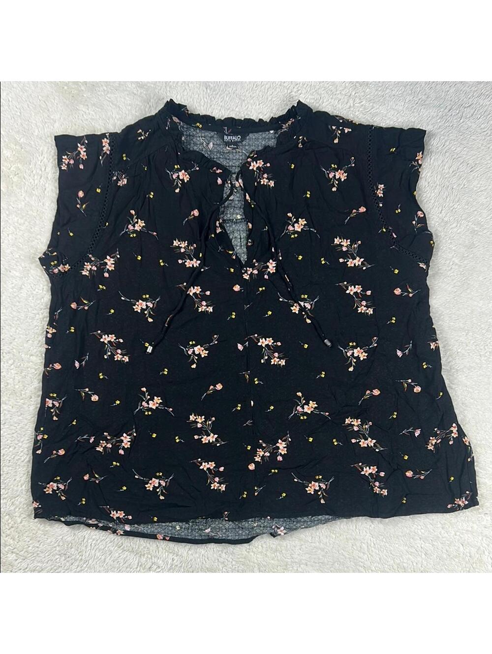 Buffalo David Bitton Black Floral Sleeveless Top Women's Size Large Boho Blouse